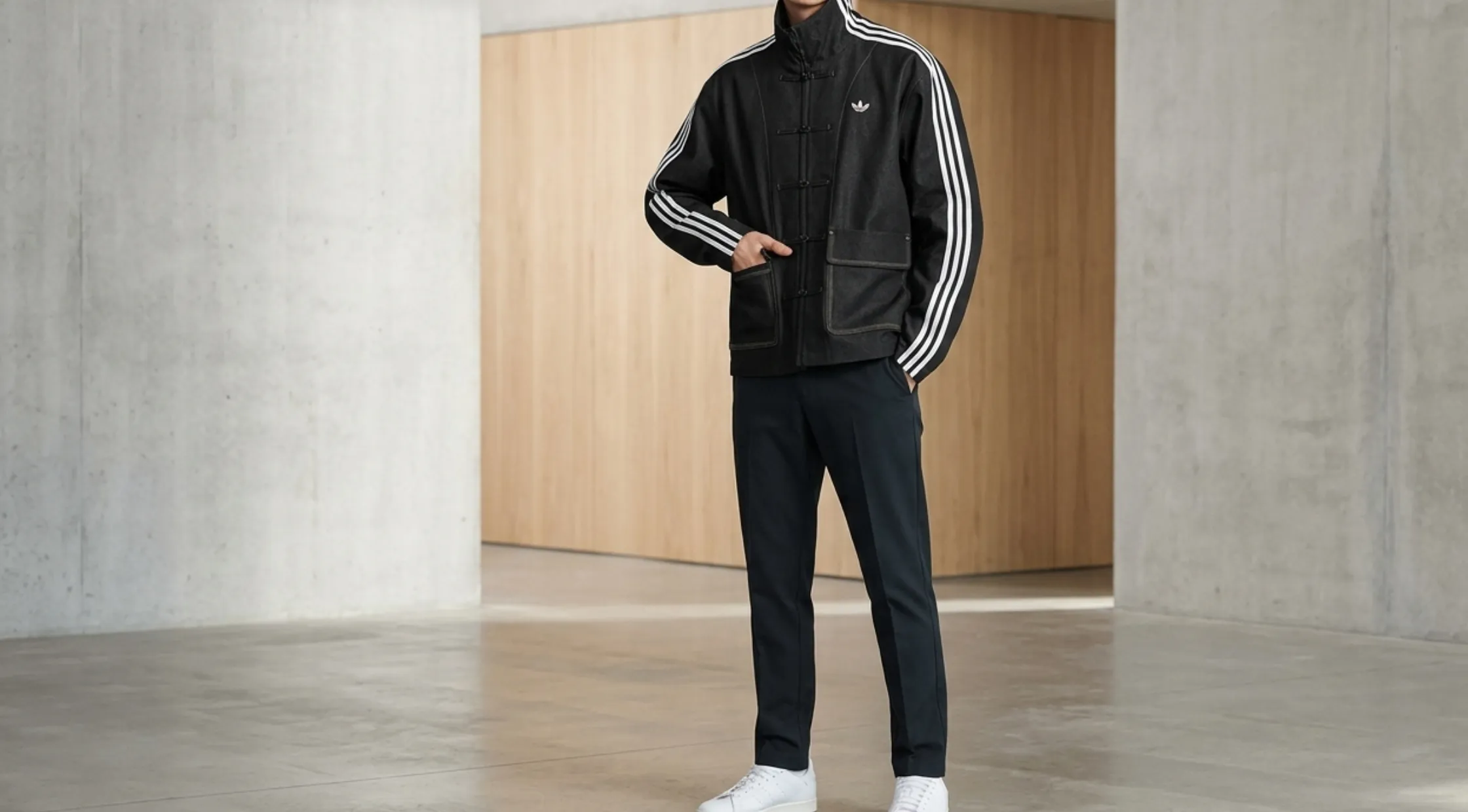 Chinese New Year Black Denim Track Jacket with Trefoil Logo and Three Stripe Design