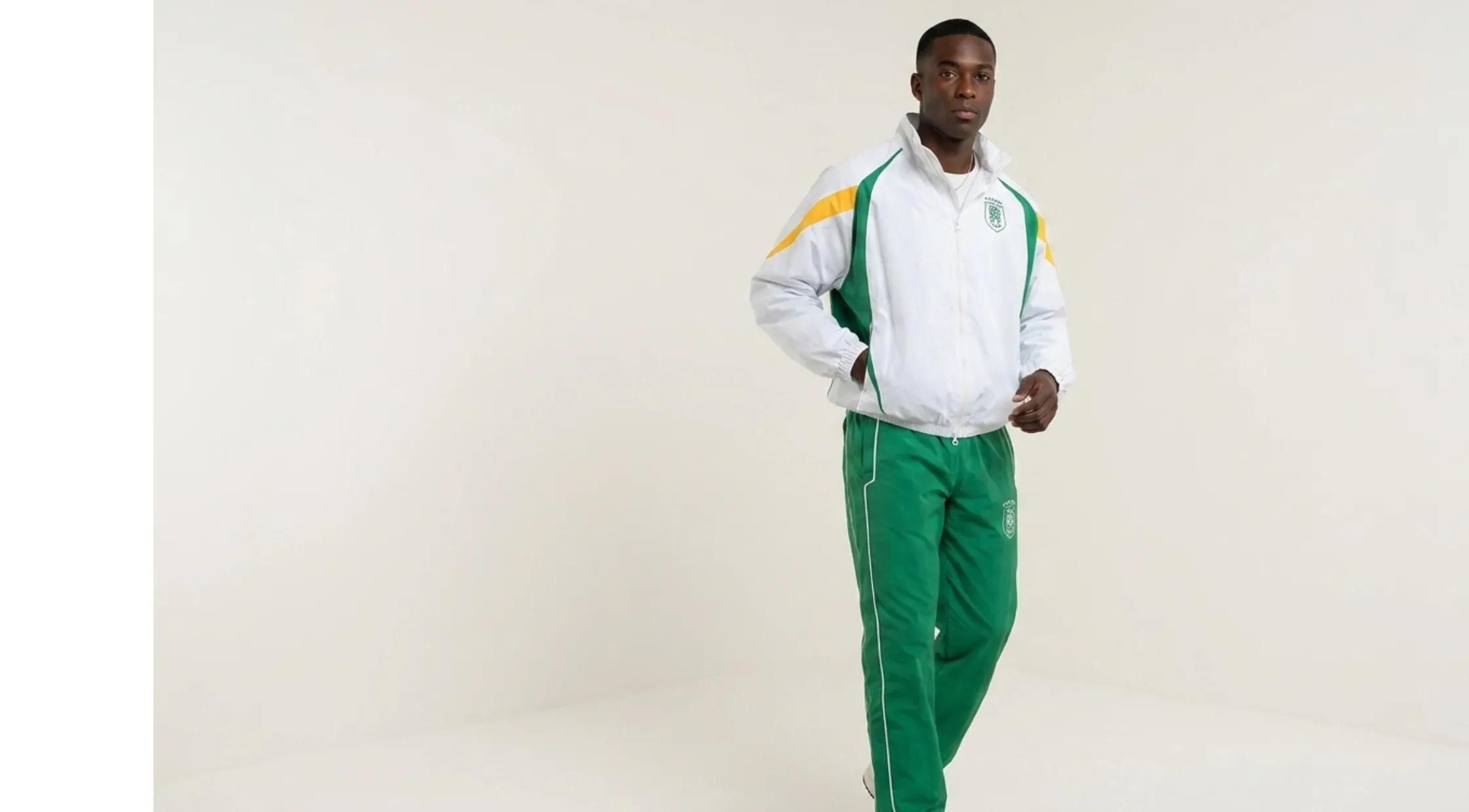 World Cup Brazil Track Jacket in white with green and yellow chevron sleeve stripes and full-zip stand collar design