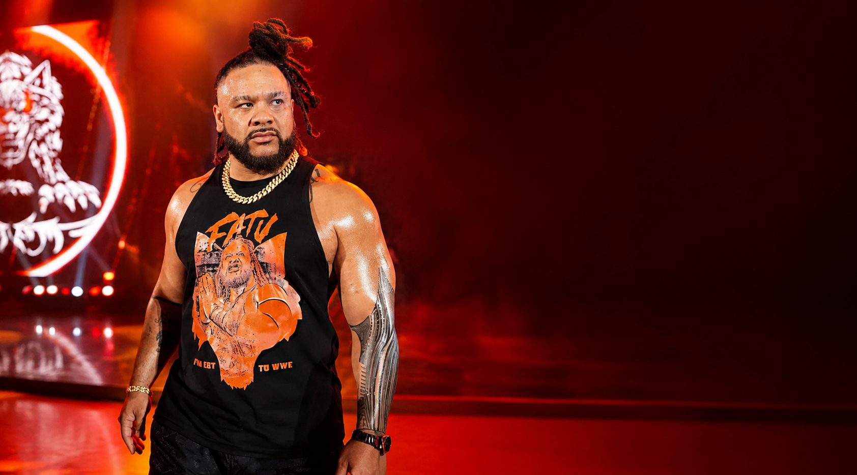 Jacob Fatu Monday Night RAW Orange Halftone Portrait FATU Graphic Black Muscle Tank Top