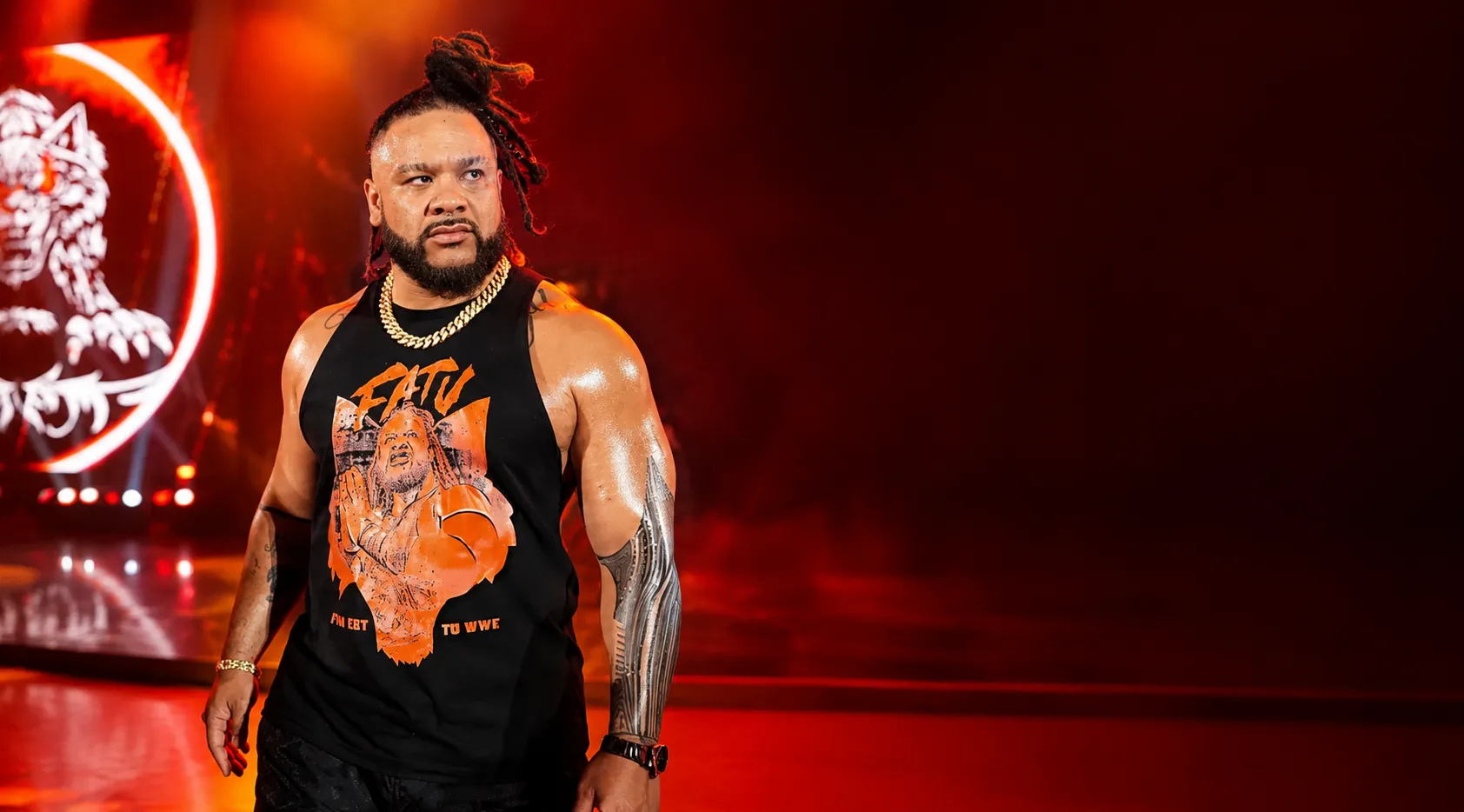 Jacob Fatu Monday Night RAW Orange Halftone Portrait FATU Graphic Black Muscle Tank Top