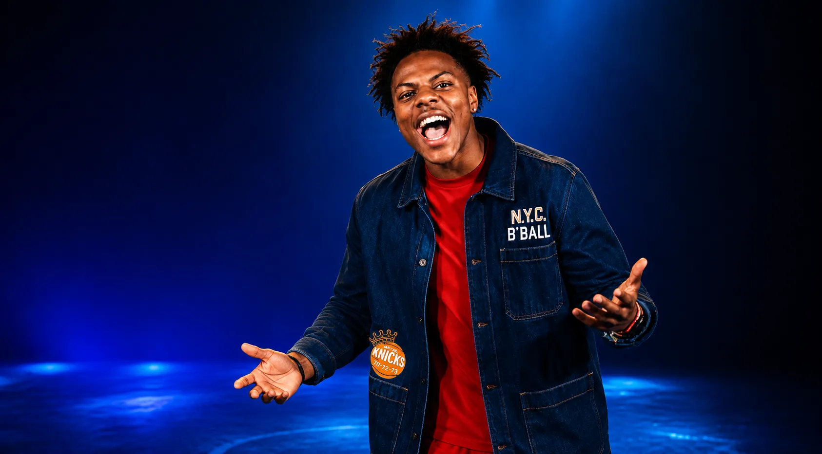 NY Knicks Championship Studio Jacket with Knicks Champs embroidery and basketball graphic on blue denim
