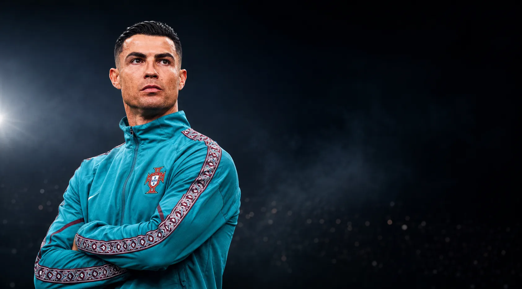Cristiano Ronaldo FIFA World Cup 2026 teal track jacket with Portugal FPF crest and geometric sleeve design