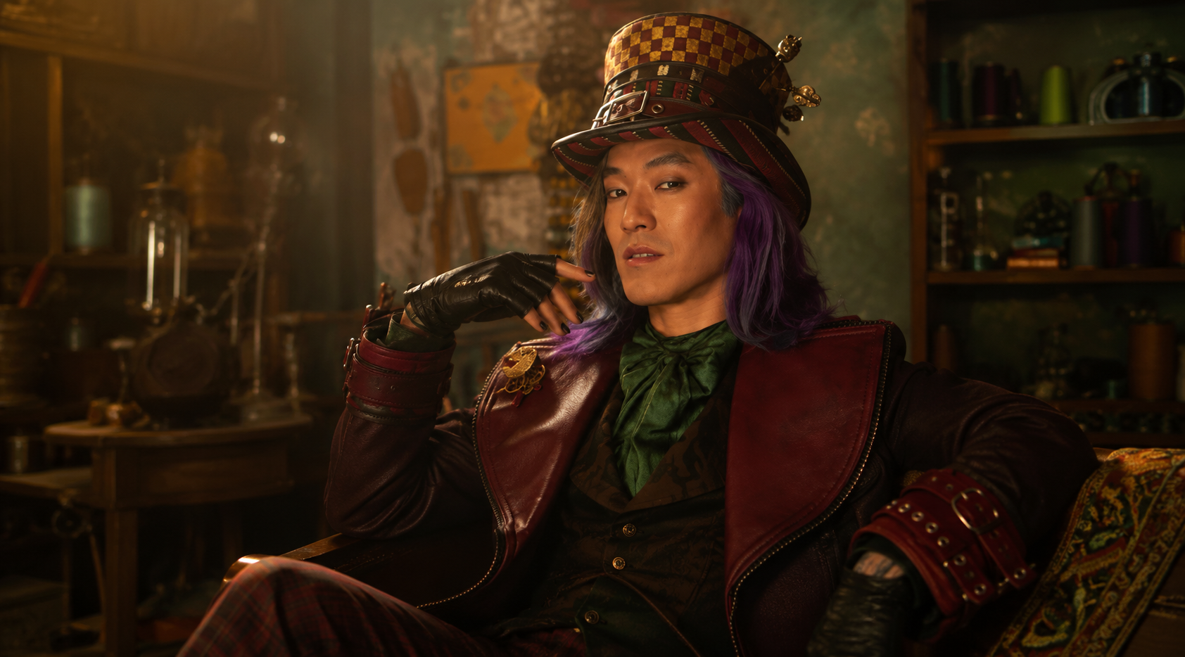 Descendants Wicked Wonderland 2026 Leonardo Nam Maroon Leather Trench Coat